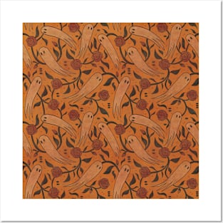 Orange Ghost And Roses Pattern Posters and Art